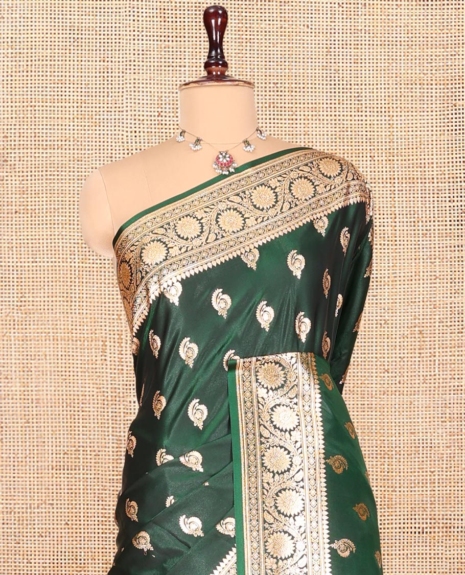 Green Banarasi Nylon Saree, Steeped with Buttas, Floral Creeper Zari Border, Intricate Pallu, and a Matching Blouse