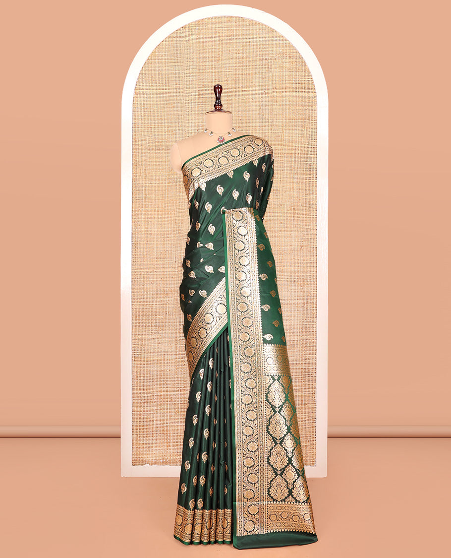 Green Banarasi Nylon Saree, Steeped with Buttas, Floral Creeper Zari Border, Intricate Pallu, and a Matching Blouse