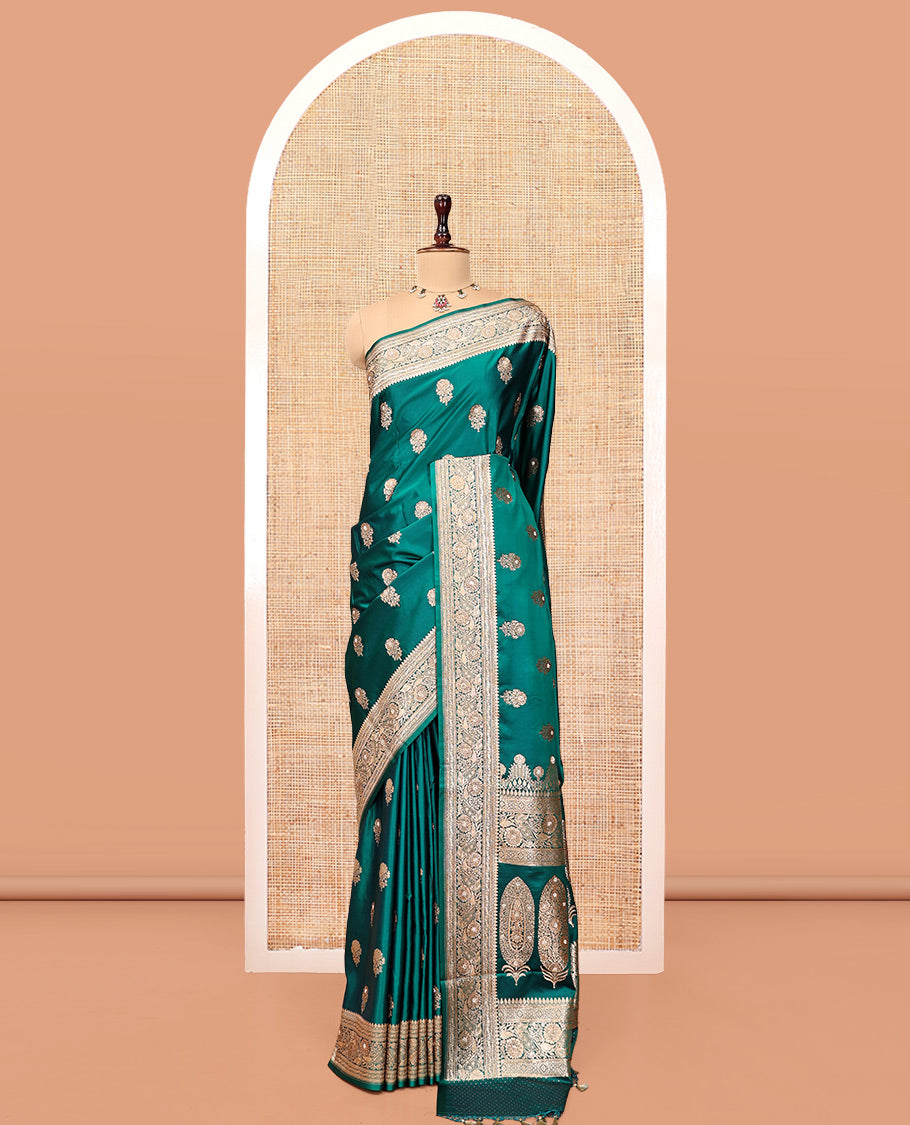 Green Banarasi Satin Saree, Bedecked with Floral Buttas, a Floral Creeper Border, Intricate Stonework Pallu, and a Matching Blouse