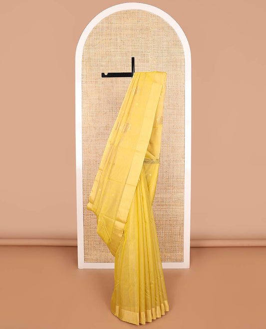 Yellow motifs chanderi cotton saree with contrast border & floral motifs pallu
