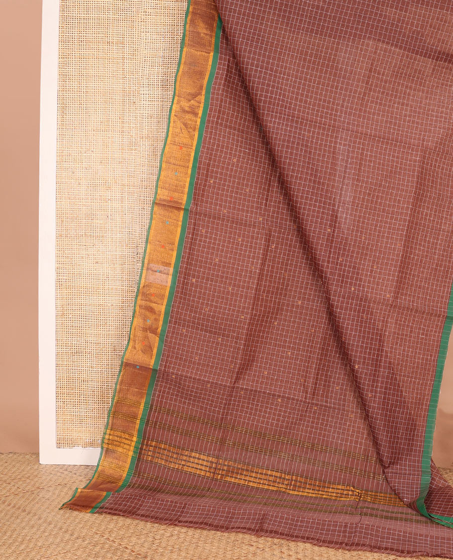 Brown checked and buttas Venkatagiri cotton saree, contrast zari and thread work border, and striped pallu