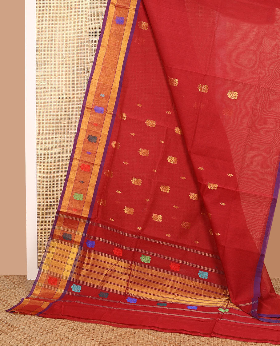 Red zari buttas Venkatagiri cotton saree with contrast thread work border, and pallu of zari stripes