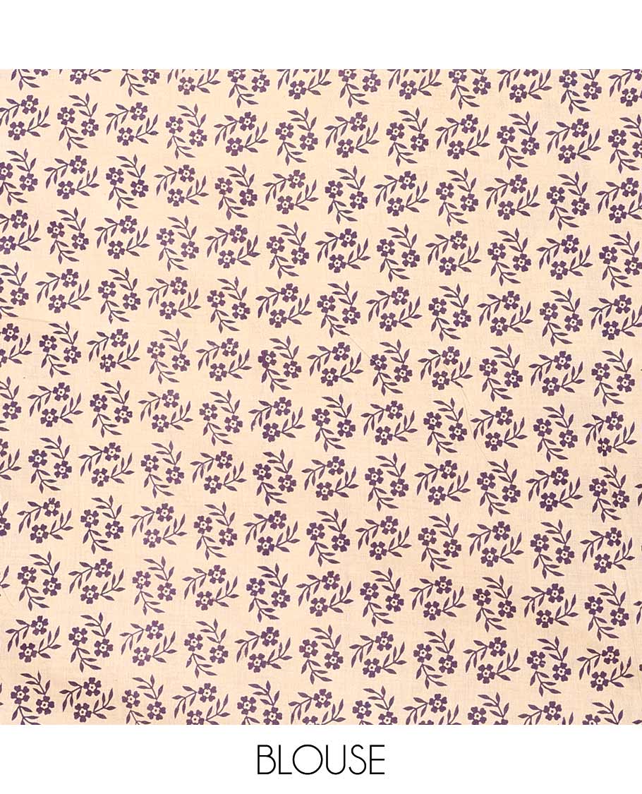 Brown floral vine machine-printed Kalamkari cotton saree, contrast floral creeper and peacock printed border, and pallu of floral, and geometric print