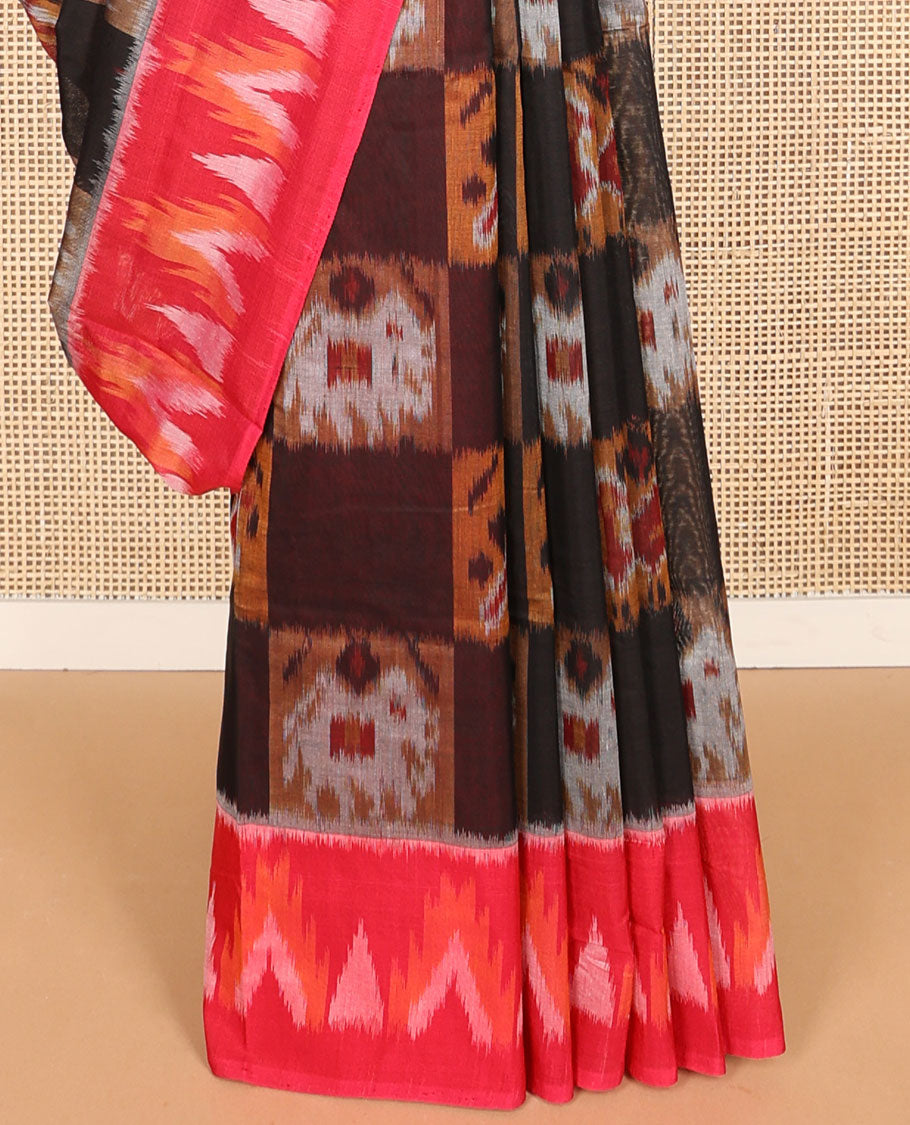 Multi-color checked, animal design ikkat cotton saree with contrast temple border & geometric design pallu