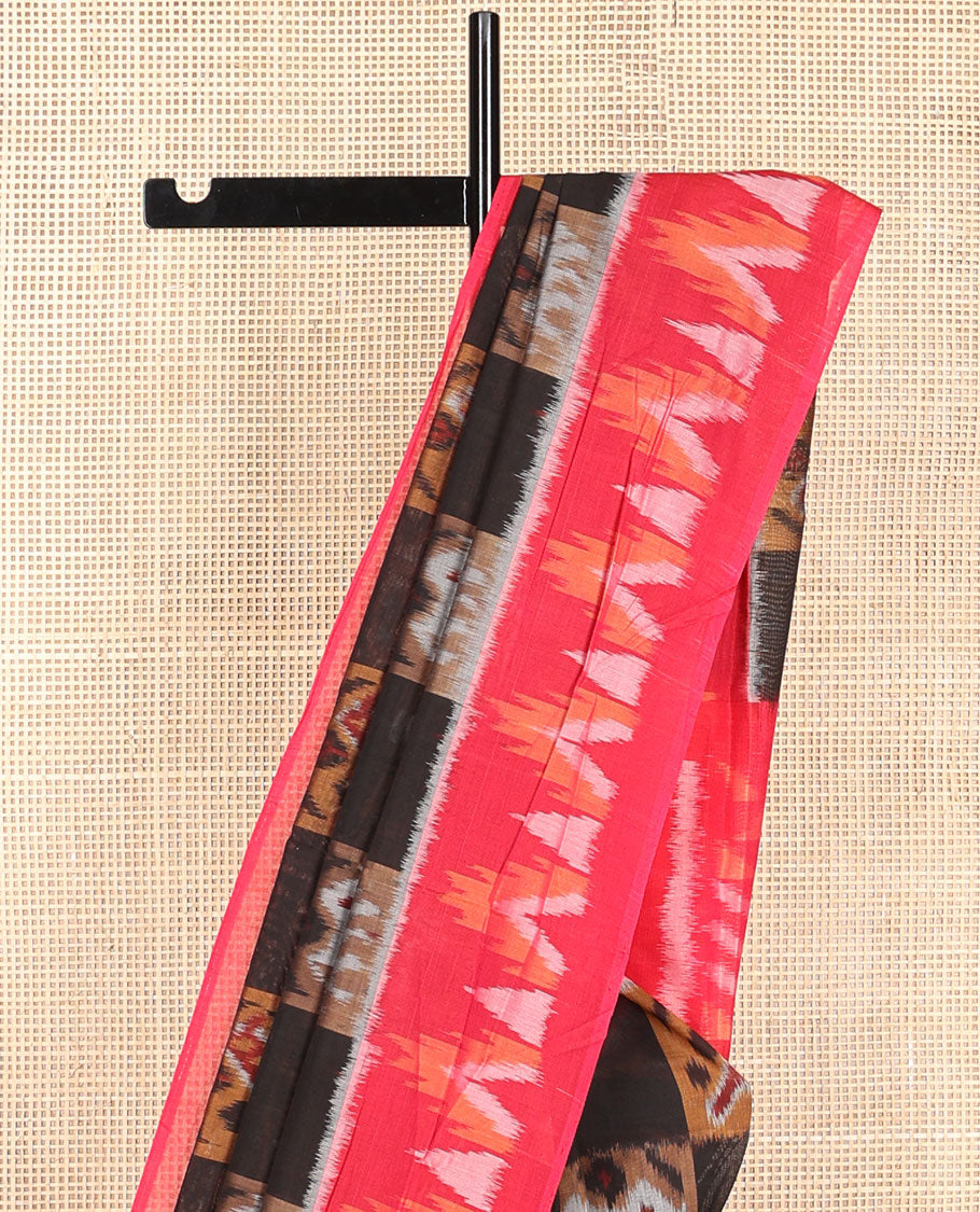 Multi-color checked, animal design ikkat cotton saree with contrast temple border & geometric design pallu