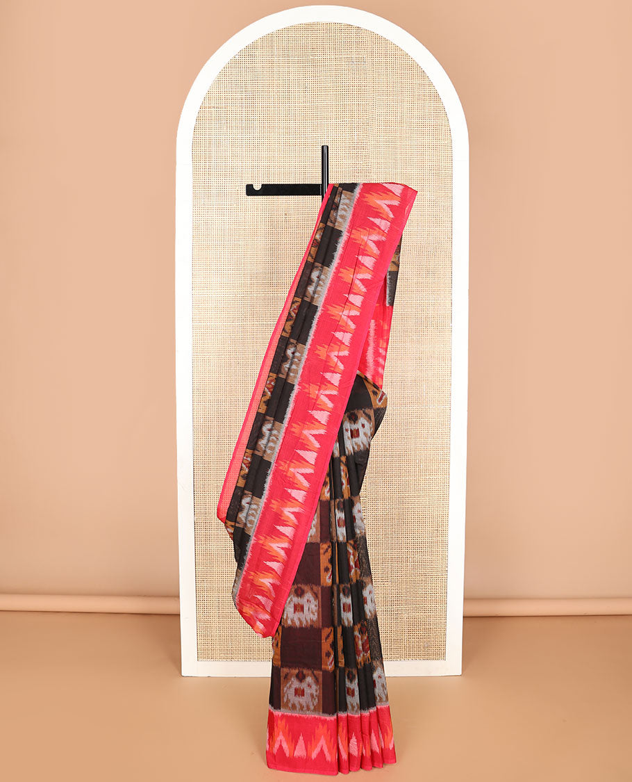 Multi-color checked, animal design ikkat cotton saree with contrast temple border & geometric design pallu