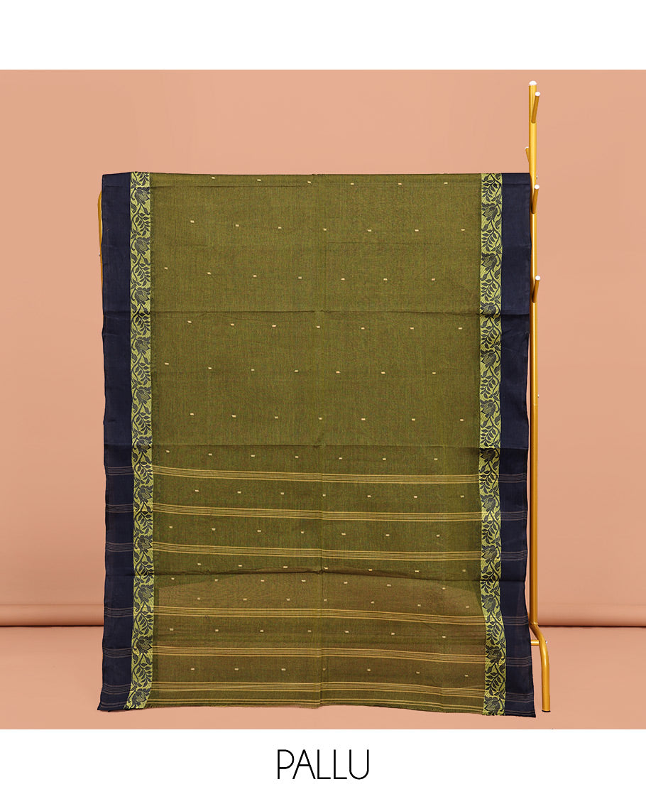 Green Bengal Cotton Saree, Sparsely Woven with Buttas on Its Body, Complemented by a Contrast Floral Creeper Design Border, Pallu of Stripes and Buttas, and Paired with a Matching Blouse