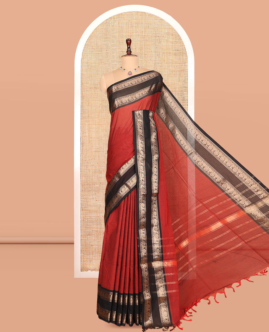 Brick Red Plain Chettinad Cotton Saree, Complemented by a Contrast Rettai Pettu Peacock Zari Border, Striped Pallu, and a Matching Blouse
