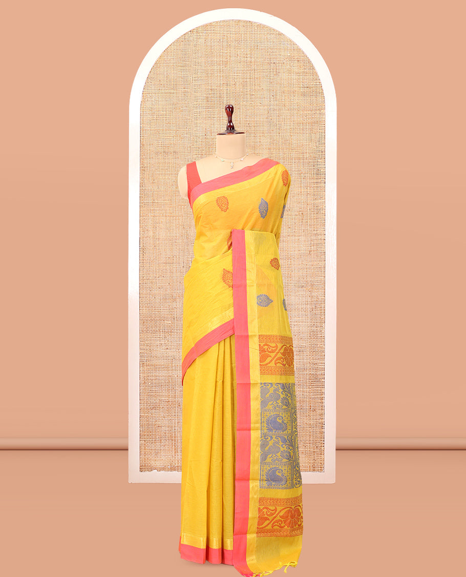 Yellow Kanchi Cotton Saree, Woven with Thread Buttas, a Contrast Border, Pallu of Floral and Animal Design, and a Matching Blouse