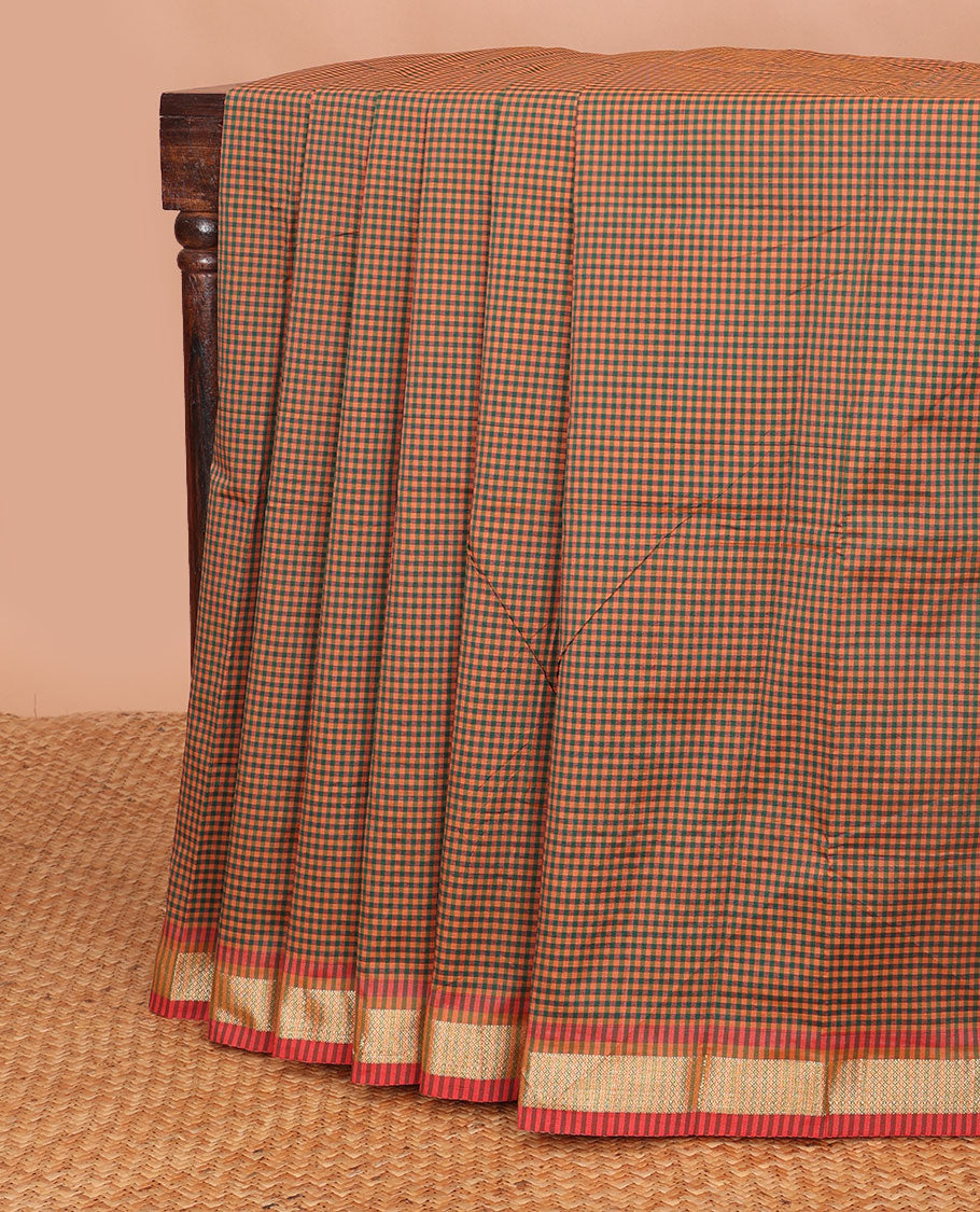 Red checked poly cotton saree with contrast zari design border & checked pallu