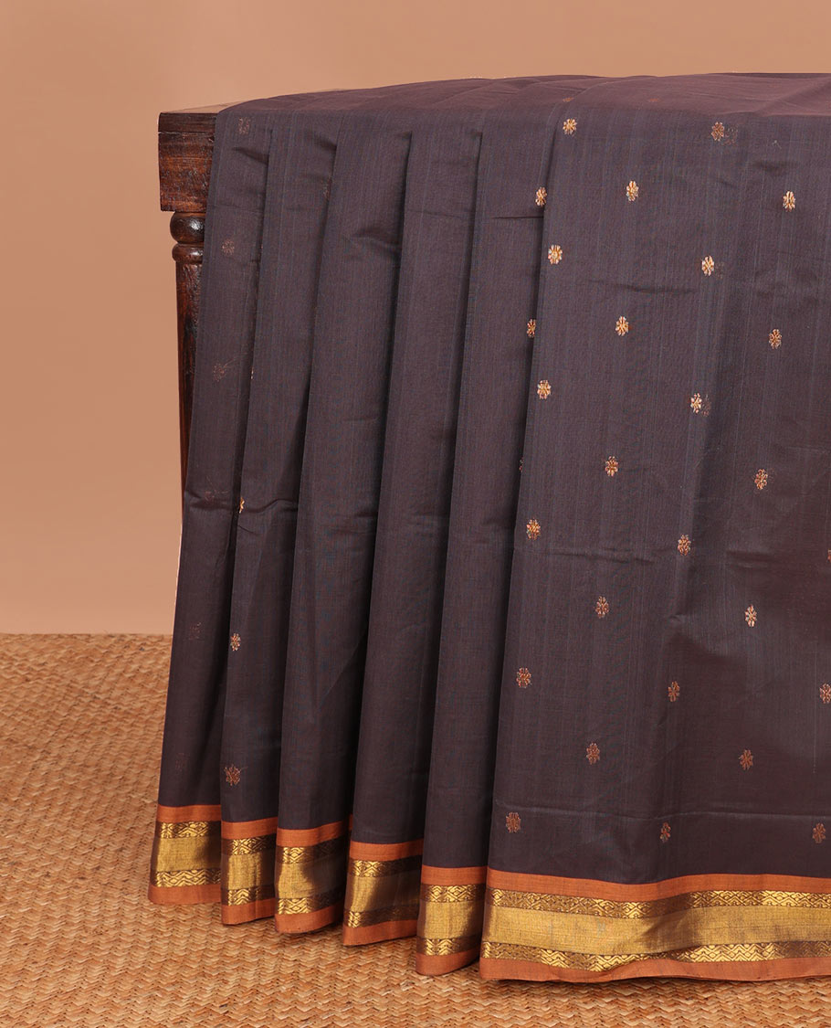 Violet motifs venkatagiri cotton saree with contrast rettai pettu zari design border & striped pallu