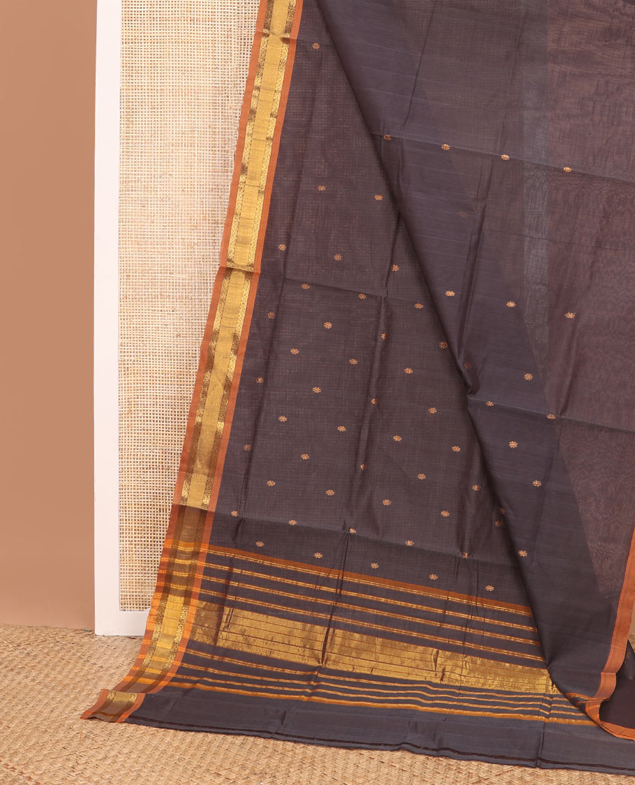 Violet motifs venkatagiri cotton saree with contrast rettai pettu zari design border & striped pallu