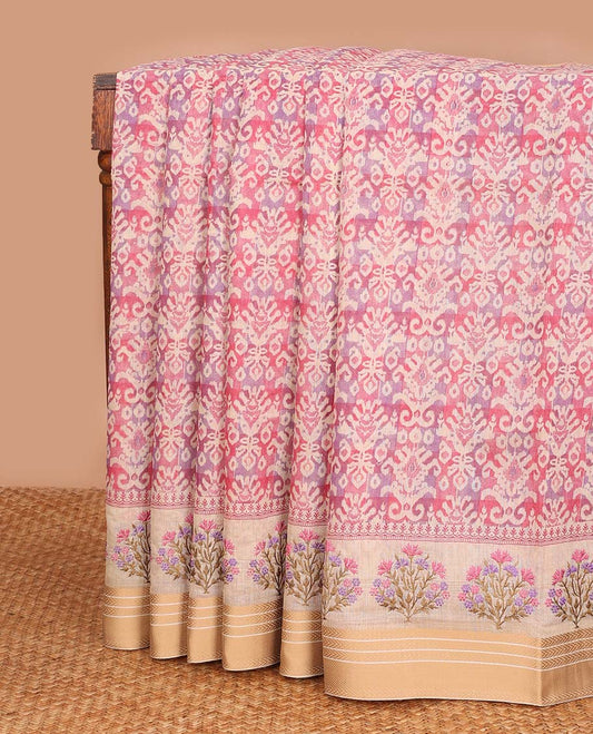 Pink intricately printed chanderi cotton saree, contrast traditional motifs with thread embroidered floral bouquet, and printed pallu
