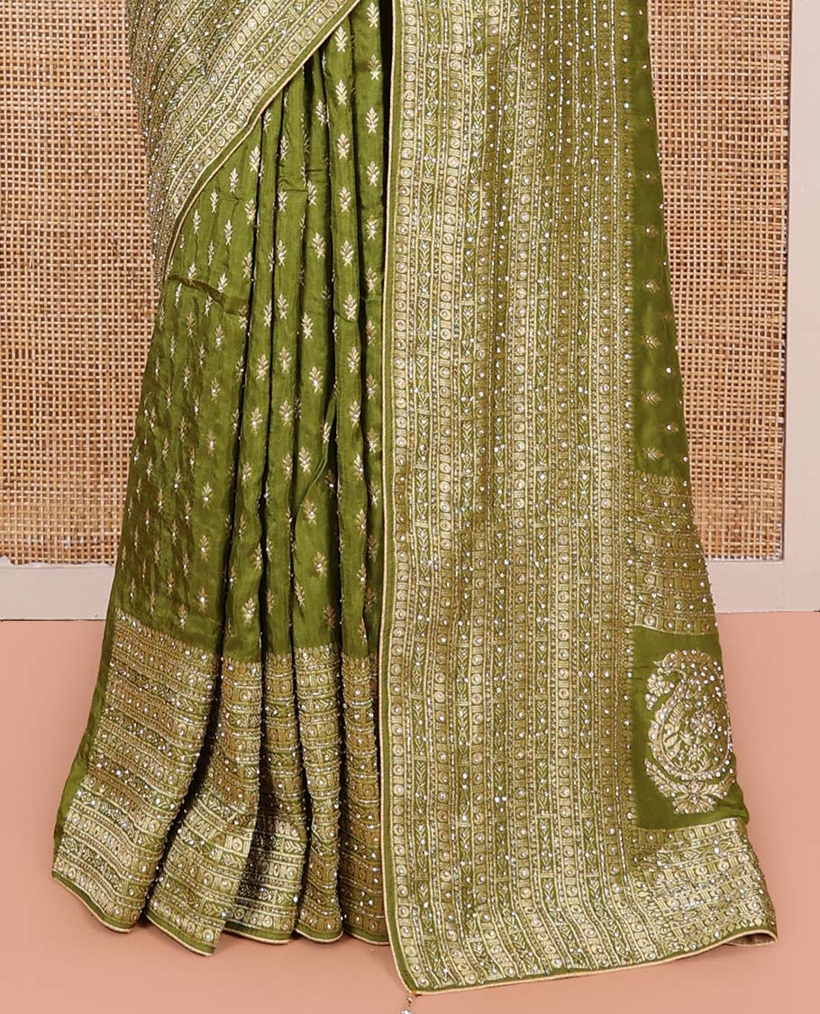Green Dola Silk Saree, Adorned with Buttas on Its Body, Highlighted by Embroidered-Zari Work Border, Pallu of Embroidery and Zari Work, and Paired with a Matching Blouse