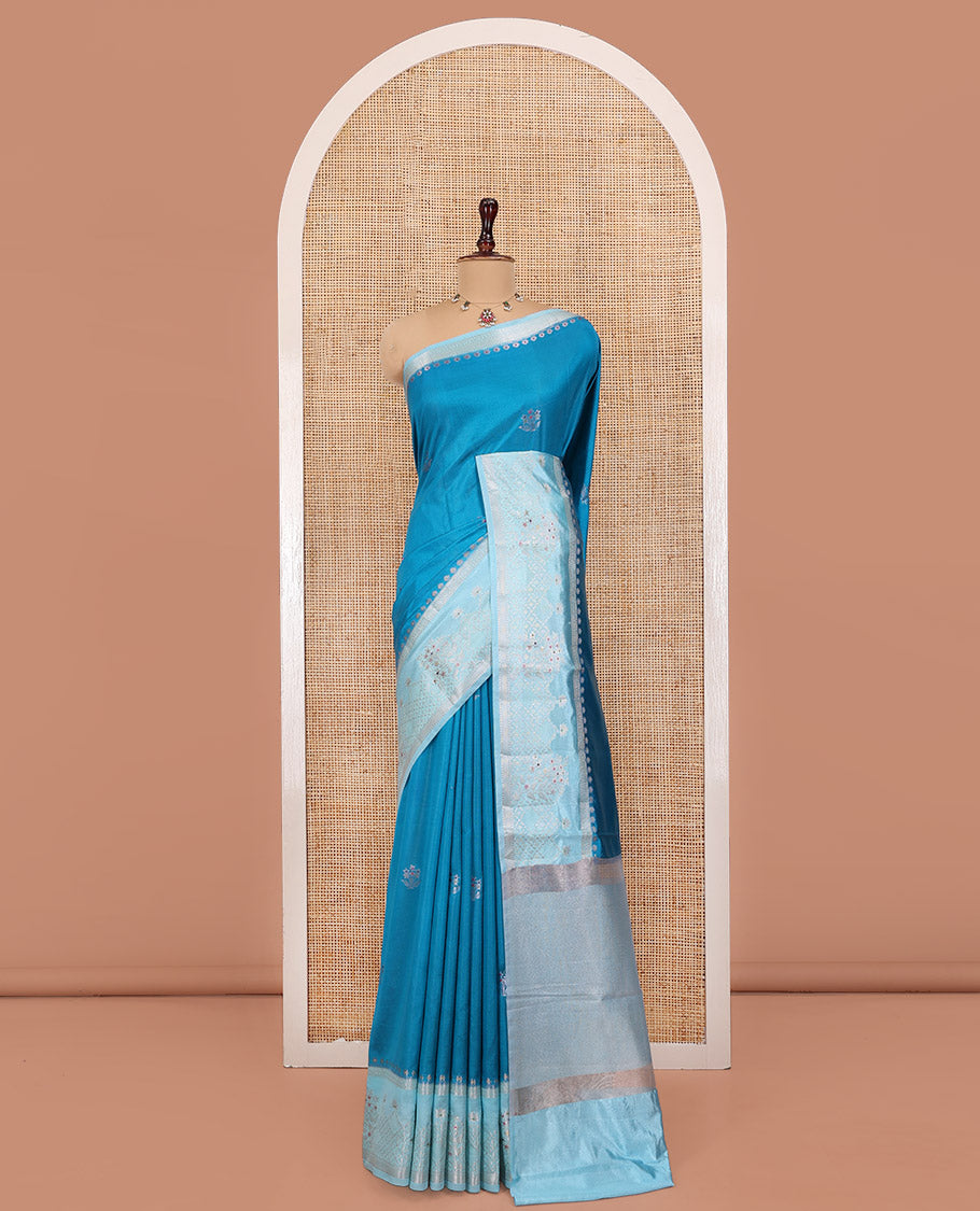 Rama Blue Green-Mango-Silk Saree, Adorned with Zari Buttas All Over Its Body, Complemented by a Contrast Meenakari Zari Border of Floral Designs, Gleaming Zari Pallu, and Paired with a Contrast Blouse