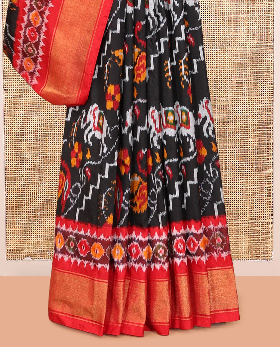 Black Floral-Animal Motif Pochampally Ikat Saree, Contrast Border