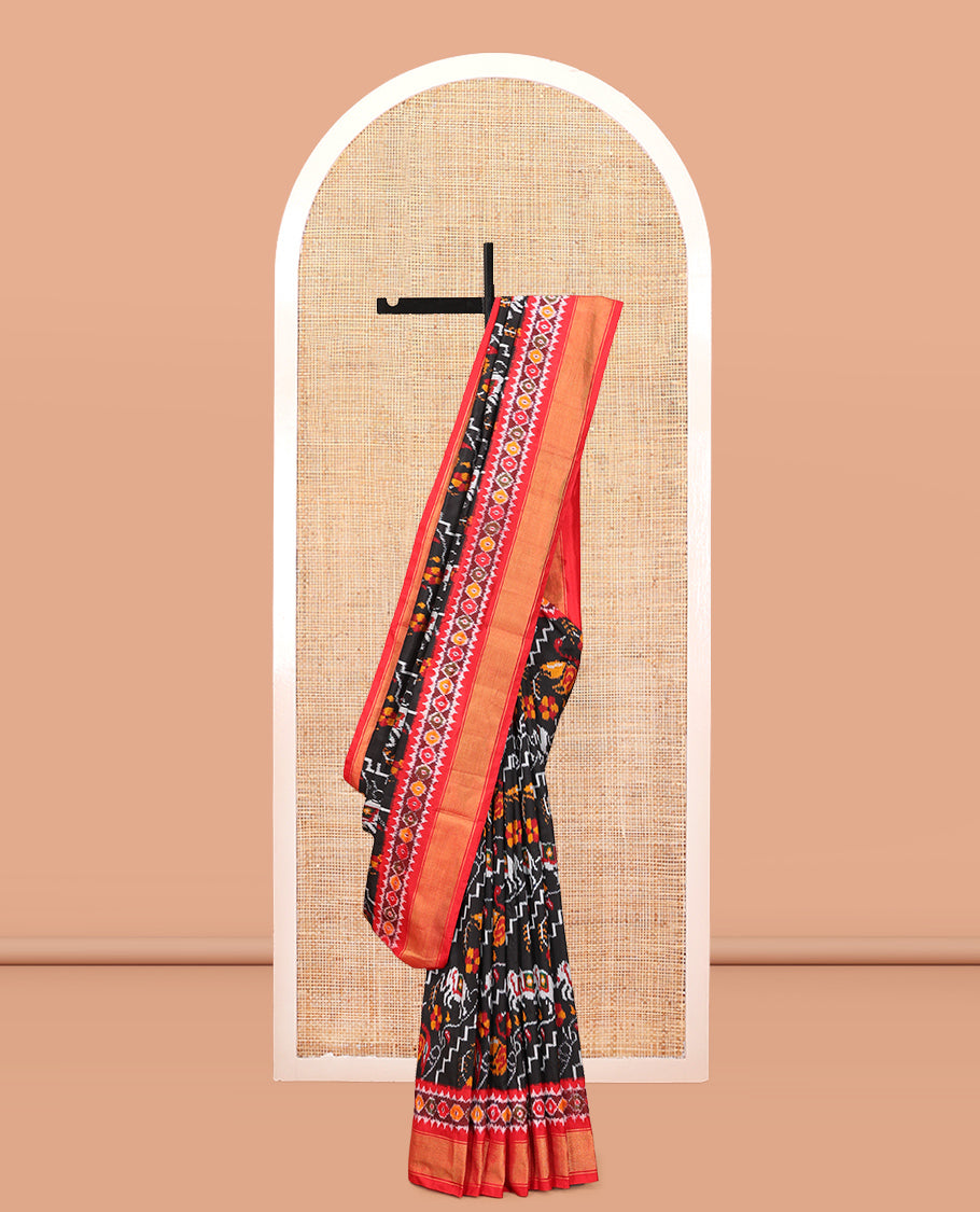 Black Floral-Animal Motif Pochampally Ikat Saree, Contrast Border