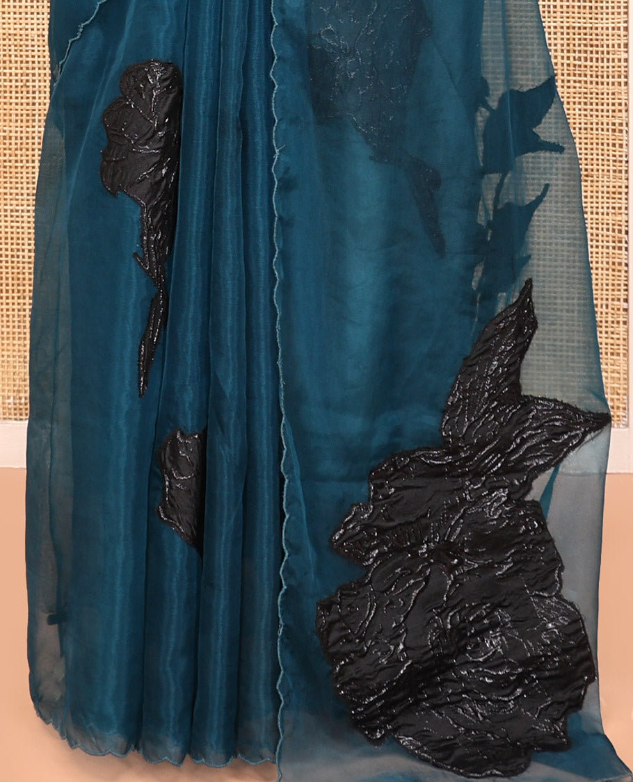 Peacock Blue Turkey Organza Saree Features Floral Applique Embroidery, a Scallop Border, Matching Blouse
