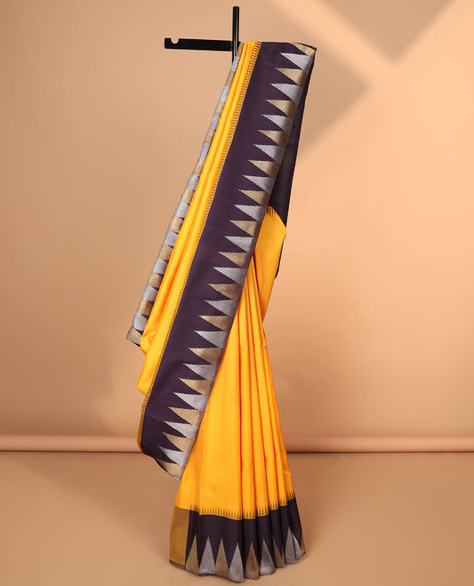 Yellow kancheepuram silk saree with contrast korvai temple border & bhavanji design pallu