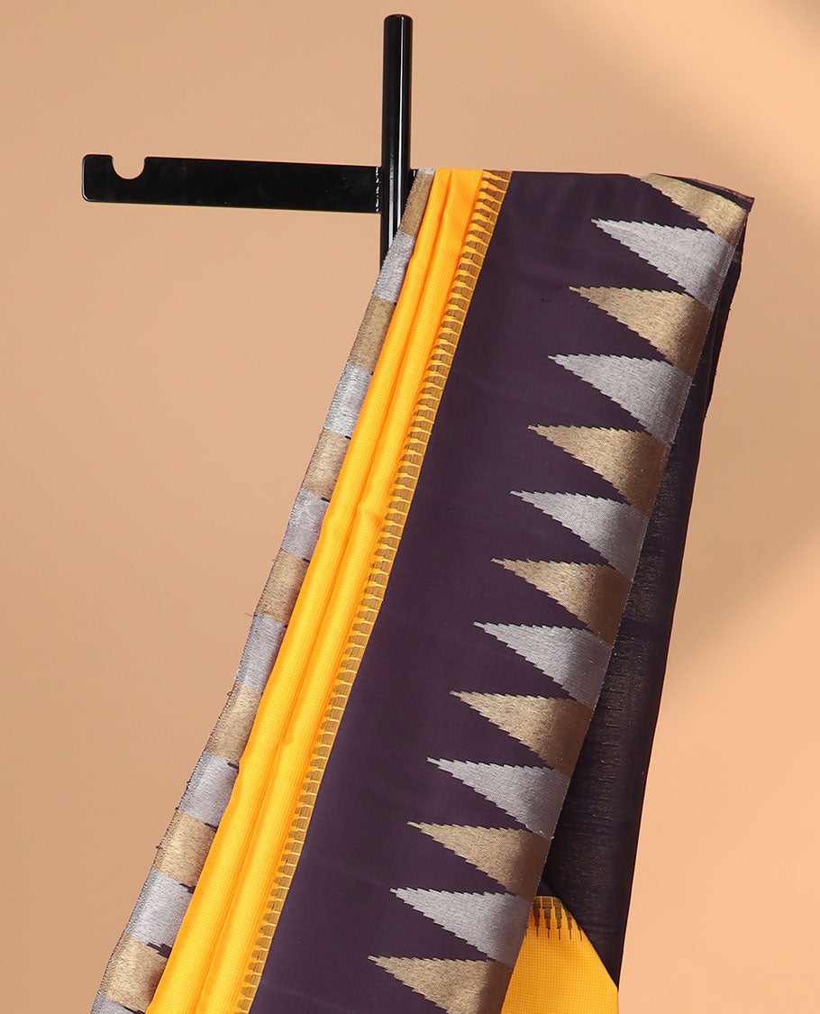 Yellow kancheepuram silk saree with contrast korvai temple border & bhavanji design pallu