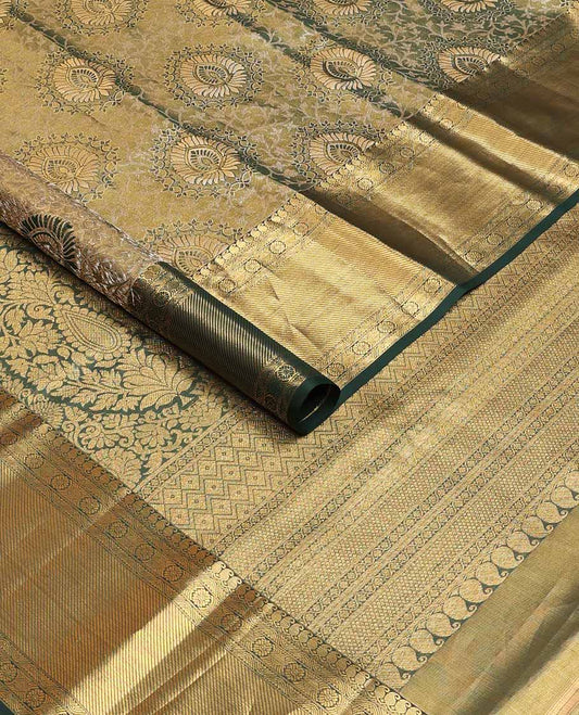 Green jacquard tissue silk saree, intricately designed pallu & zari border of manga mokku,neli kathir,kamalam & zari stripes
