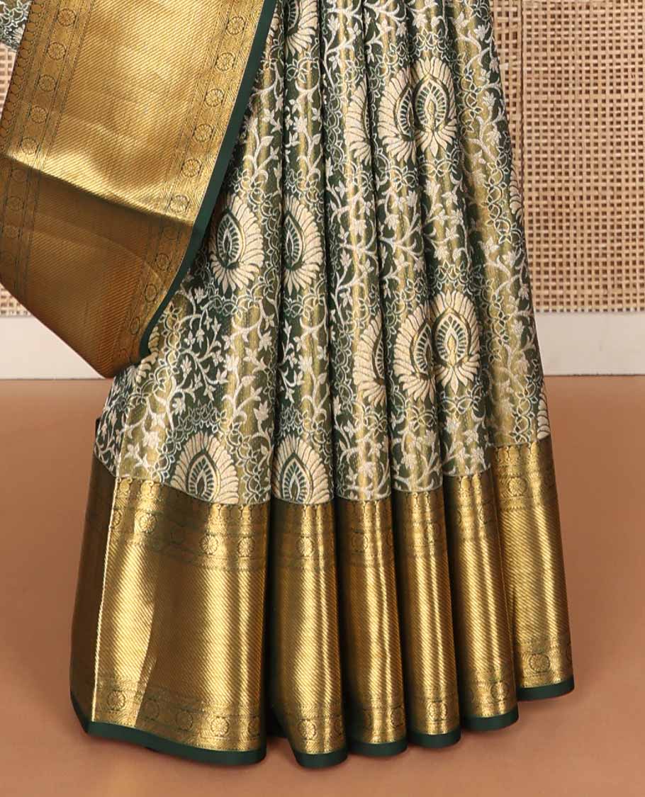 Green jacquard tissue silk saree, intricately designed pallu & zari border of manga mokku,neli kathir,kamalam & zari stripes