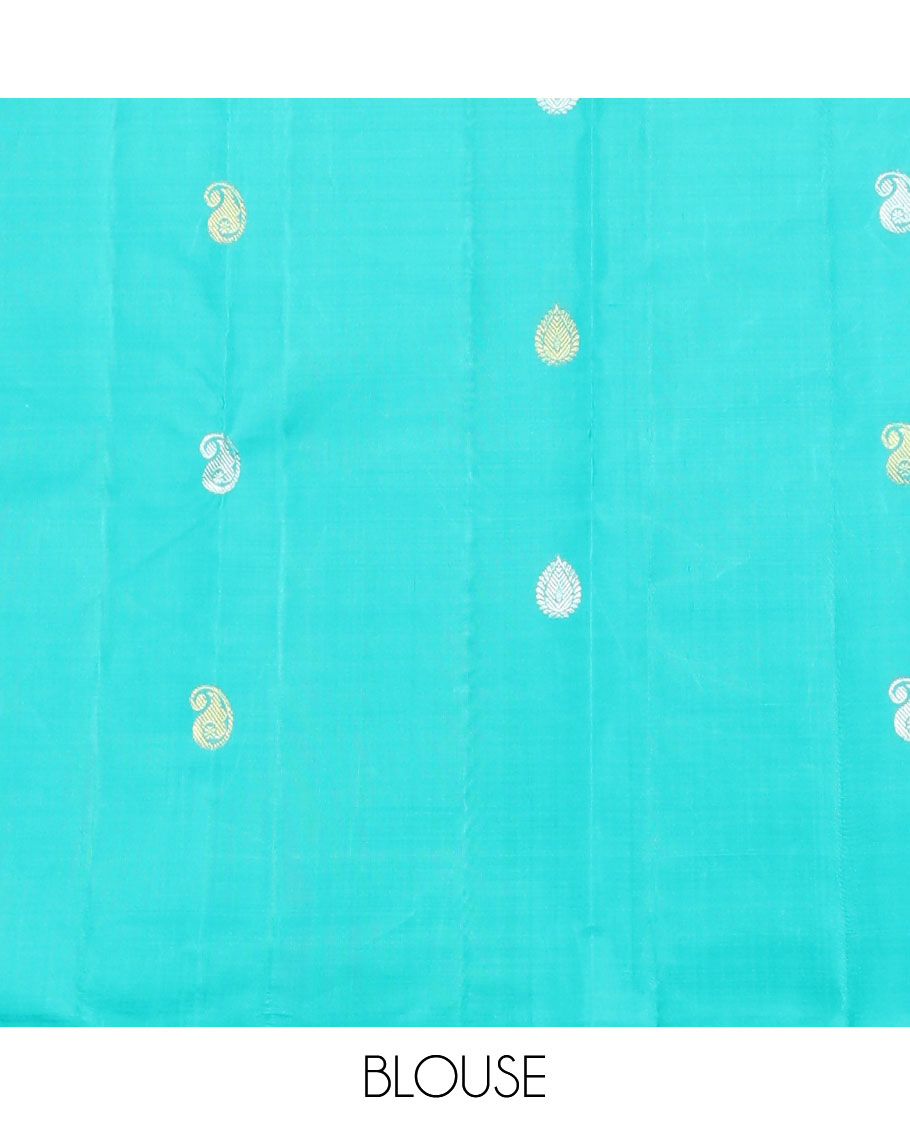 Borderless blue zari buttas Kanchipuram silk saree, self-pallu of thilakam mokku, muthu, kathir & jaal designs