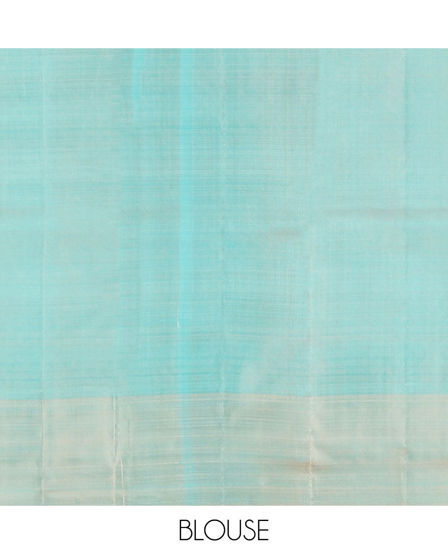 Blue floral zari buttas Kanchipuram silk saree, contrast plain border & pallu of jaal & kodi visiry designs