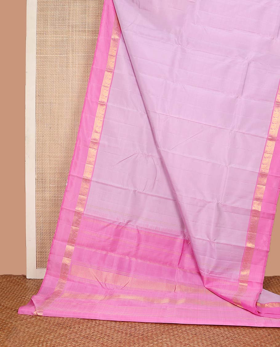 Pink plain silk saree, contrast border of rekku,banaras,rudraksham & mayil designs & zari design pallu