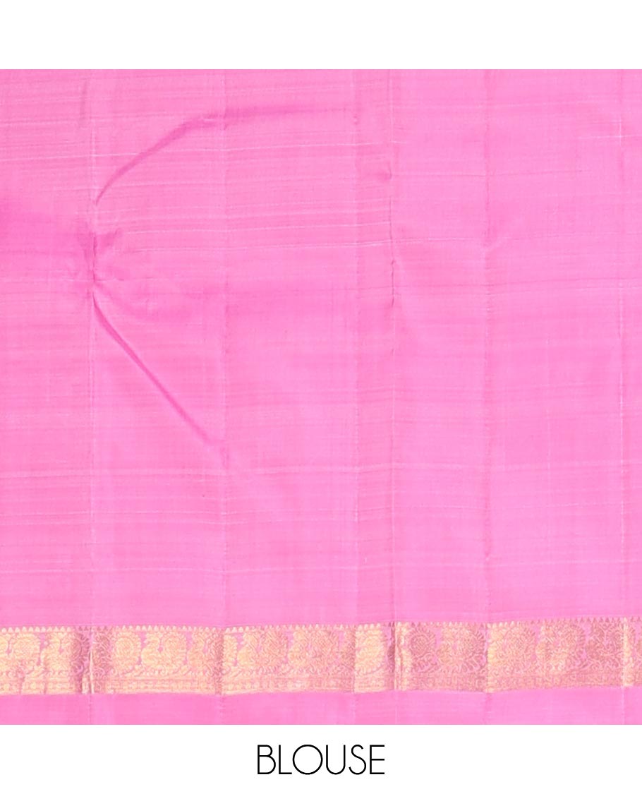 Pink plain silk saree, contrast border of rekku,banaras,rudraksham & mayil designs & zari design pallu