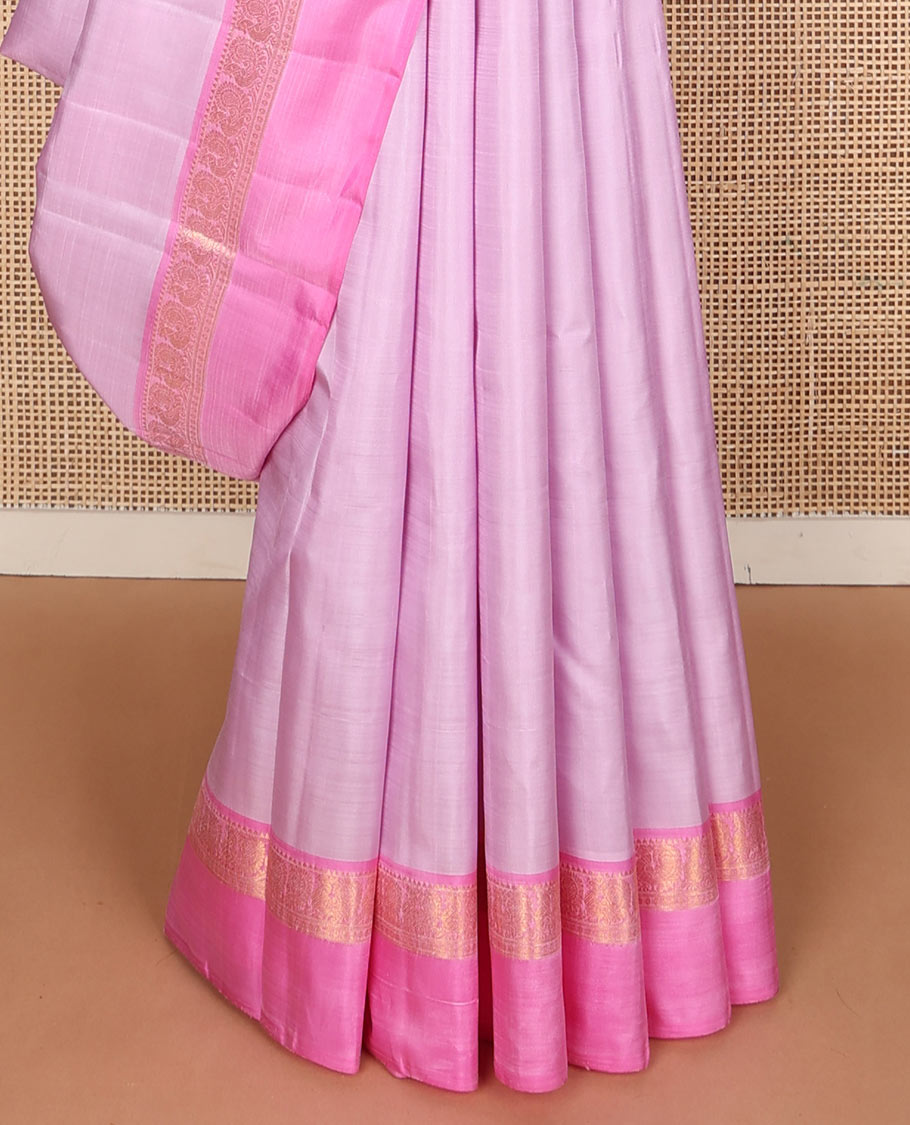 Pink plain silk saree, contrast border of rekku,banaras,rudraksham & mayil designs & zari design pallu