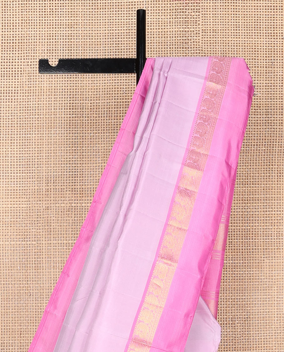 Pink plain silk saree, contrast border of rekku,banaras,rudraksham & mayil designs & zari design pallu