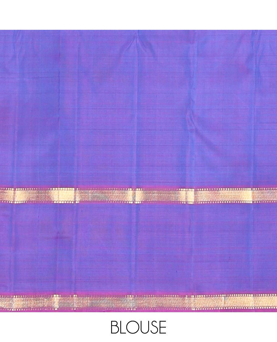 Blue zari buttas Kanchipuram silk saree, contrast rettai pettu zari border of muthu designs, and zari design pallu