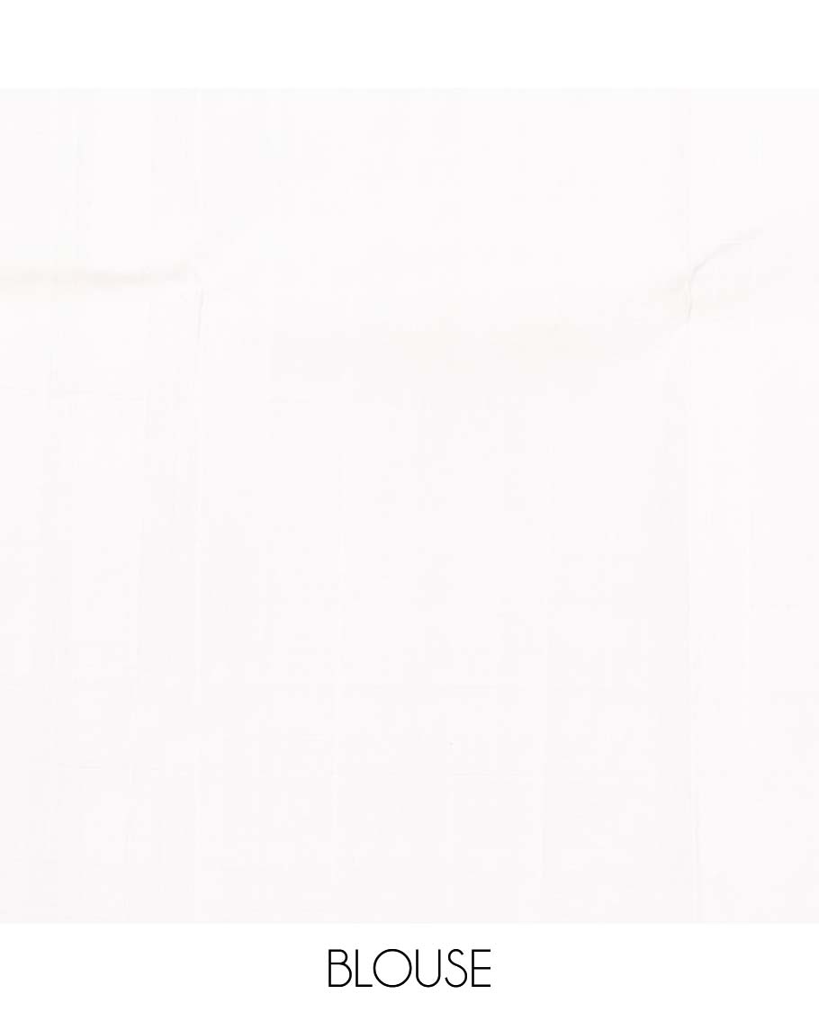 Cream and multi-color half-and-half ogee patterned Kanchipuram silk saree, zari border of big thilakam-shaped leaf buttas, and jaal pallu