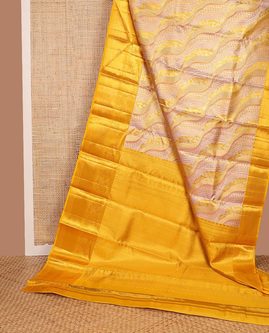 Pink Kanchipuram Tissue Silk Saree, Mesmerized with Jacquard Design on Its Body, Complemented by a Contrast Border of Thilakam, Kodi Visiry, Muthu, Mayil Kann, and Kathir Designs, Pallu Steeped with Poun Designs, and Paired with a Contrast Blouse