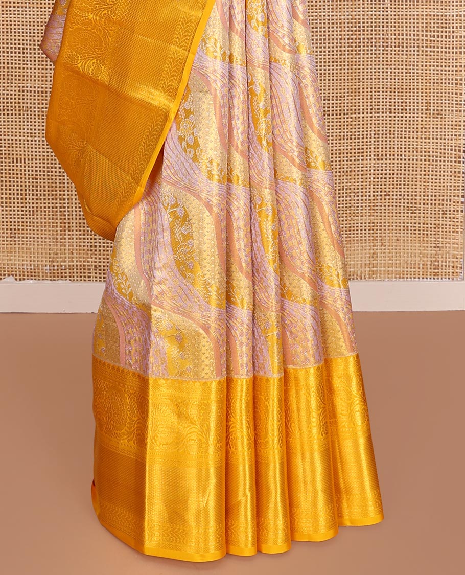 Pink Kanchipuram Tissue Silk Saree, Mesmerized with Jacquard Design on Its Body, Complemented by a Contrast Border of Thilakam, Kodi Visiry, Muthu, Mayil Kann, and Kathir Designs, Pallu Steeped with Poun Designs, and Paired with a Contrast Blouse
