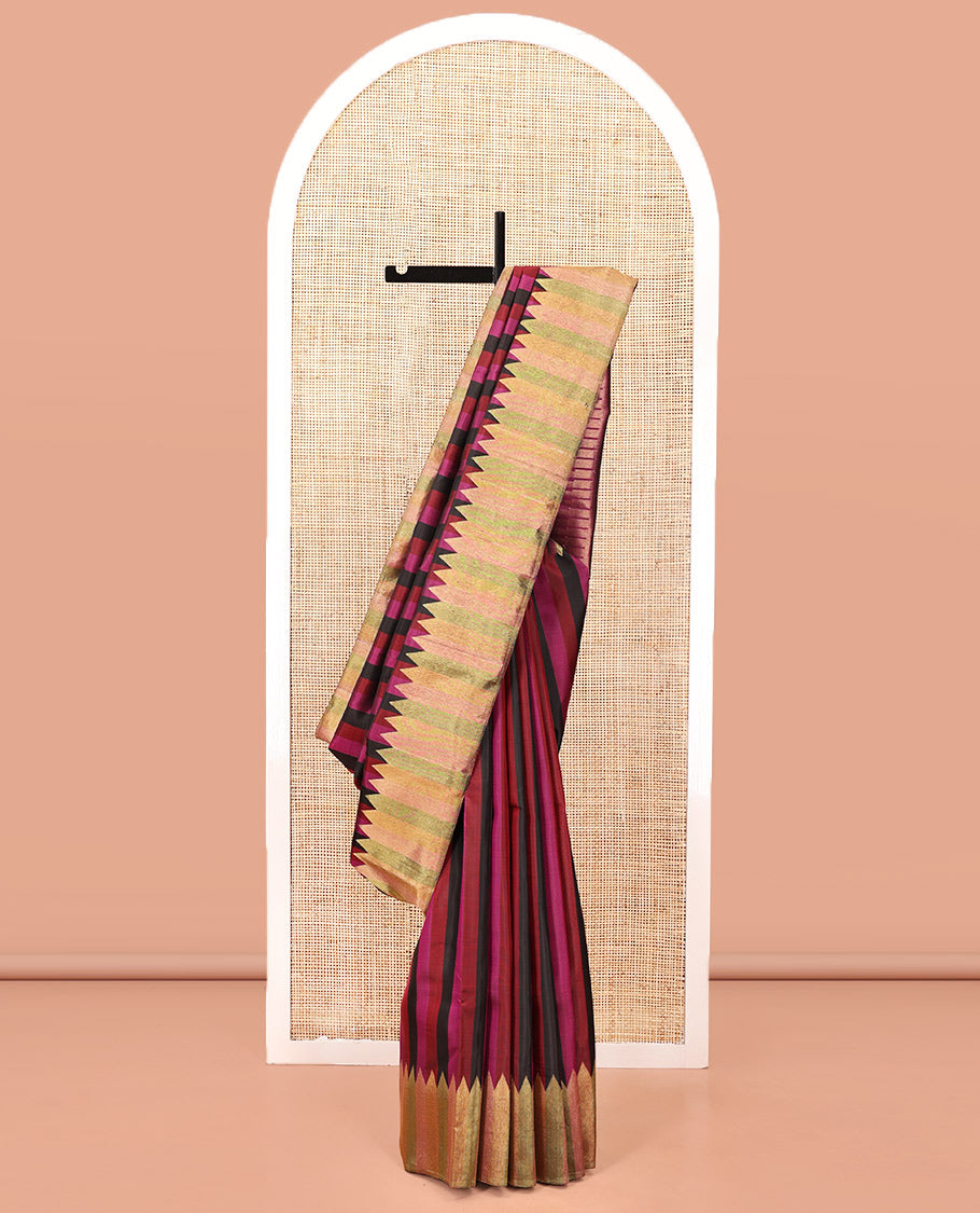 Multi-color Striped Kanchipuram Designer Silk Saree, Subtly Sparkled With Temple Border, Pallu Features Seppu Rekku Designs, and Paired with a Contrast Blouse