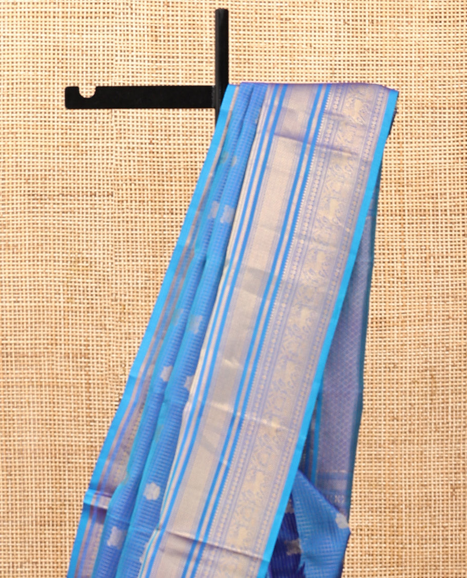 Blue Iruthalai Pakshi and Checked Kanchipuram Silk Saree, a Zari Border of Rekku, Kathir, Rudraksham, Yaali, Mayil Kann, Neli, Kamalam and Mayil Designs, Jaal Pallu, and a Matching Blouse