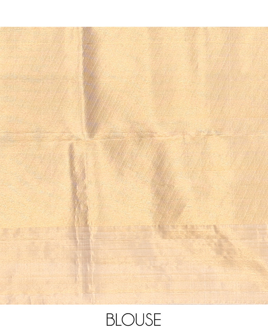 Borderless Gold Kanchipuram Designer Silk Saree, Finely Crafted with Meena Zari Buttas, Zari Pallu of Diagonal Stripes and Singam Designs, and a Matching Blouse