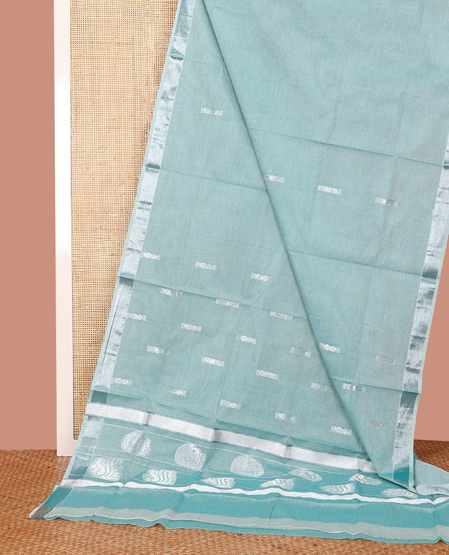 Blue Kerala Saree, Mesmerized with Zari Buttas on Its Body, Subtly Sparkled Zari Bavanji Border, Pallu Depicting Paisley Designs, and Paired with a Matching Blouse