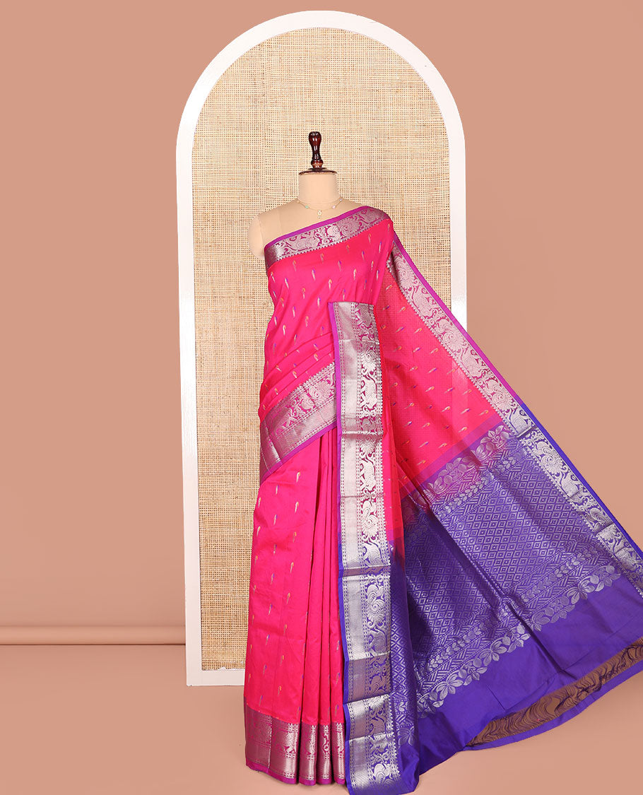 Pink Kuppadam Cotton Saree, Highlighted with Muniya Buttas All Over Its Body, Complemented by a Contrast Border of Elephant-Peacock Designs in Zari, Grand Jaal Design Pallu, and Paired with a Contrast Blouse