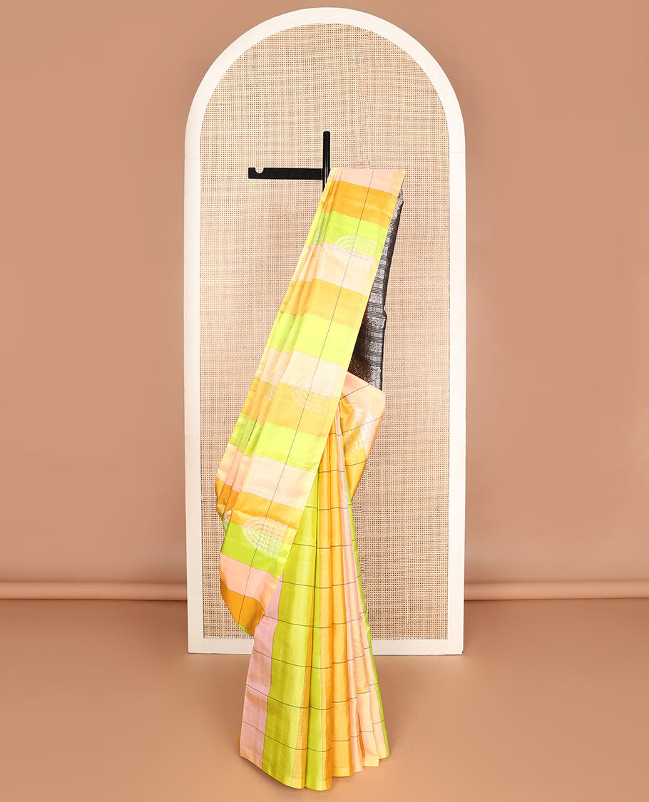 Borderless multi-color checked soft silk saree with buttas, contrast floral zari design pallu