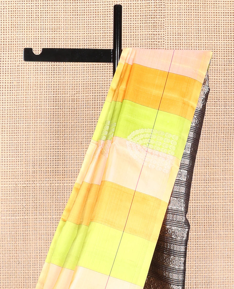 Borderless multi-color checked soft silk saree with buttas, contrast floral zari design pallu