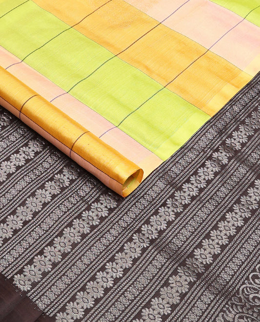 Borderless multi-color checked soft silk saree with buttas, contrast floral zari design pallu