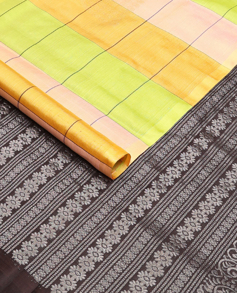 Borderless multi-color checked soft silk saree with buttas, contrast floral zari design pallu