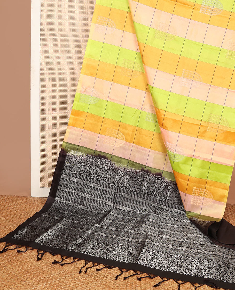 Borderless multi-color checked soft silk saree with buttas, contrast floral zari design pallu