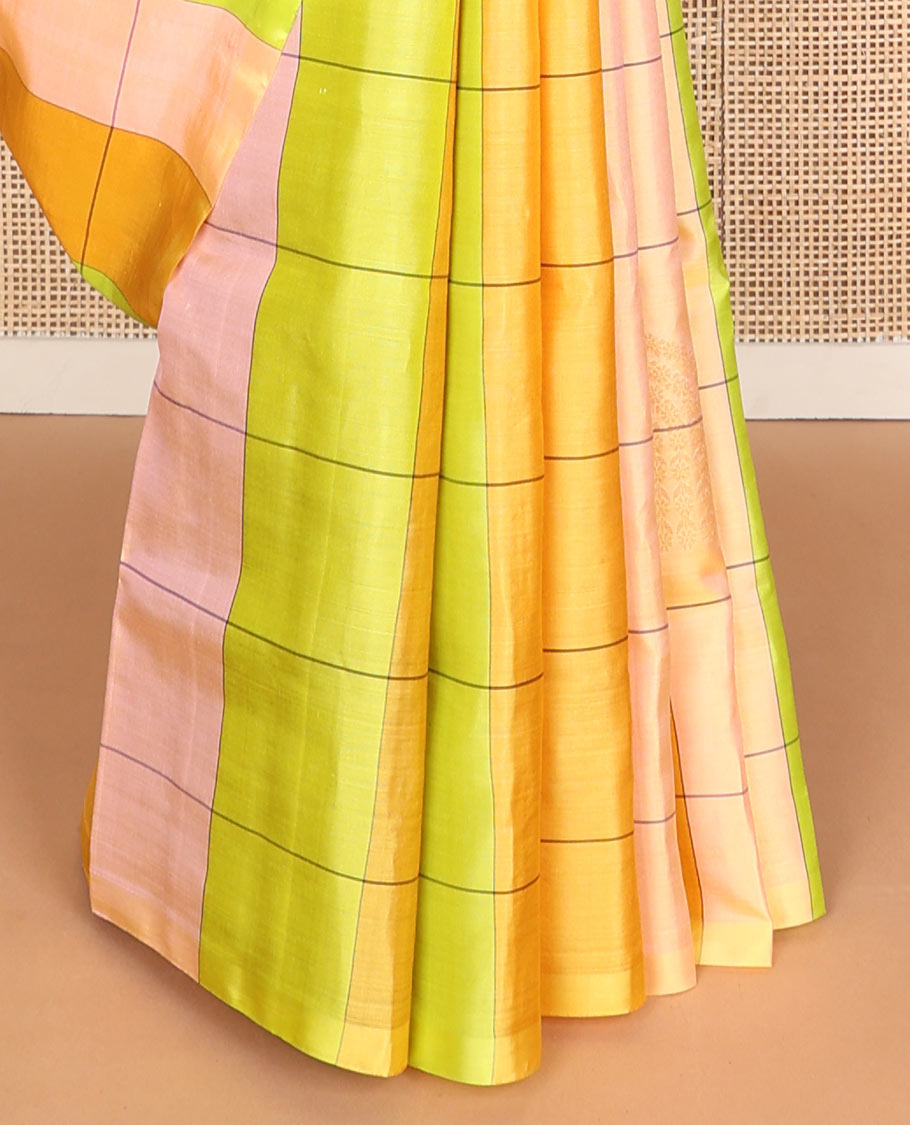 Borderless multi-color checked soft silk saree with buttas, contrast floral zari design pallu
