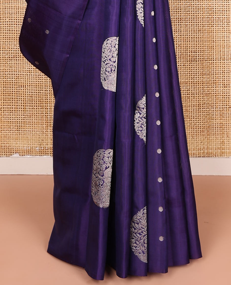 Borderless blue round buttas soft silk saree, contrast pallu steeped with rudraksham motifs