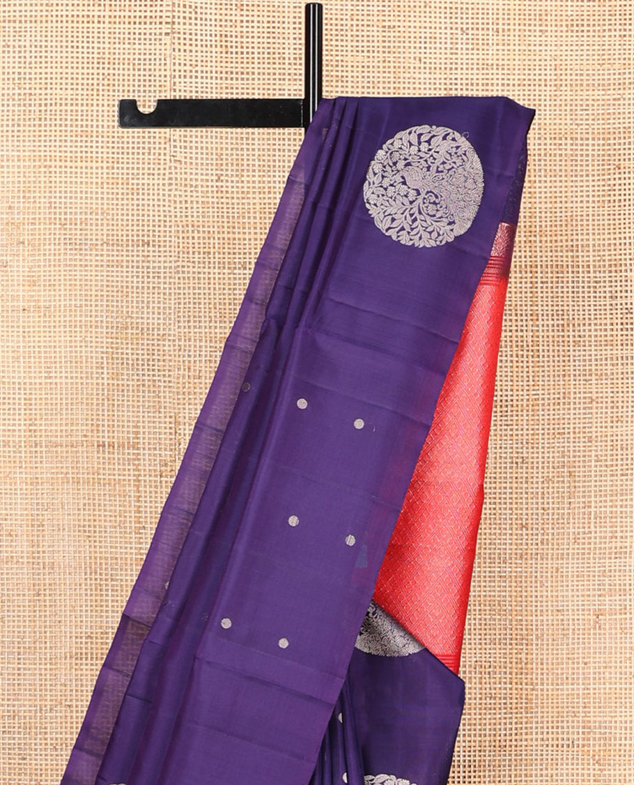 Borderless blue round buttas soft silk saree, contrast pallu steeped with rudraksham motifs