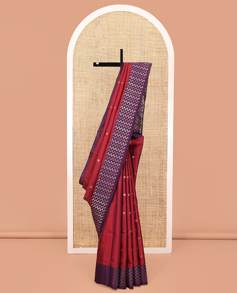 Red Mayuri Soft Silk Saree, Prettified with Buttas All Over the Body, Complemented by a Contrast Vanki Designs Border, Pallu of Vanki Designs, and Paired with a Contrast Blouse